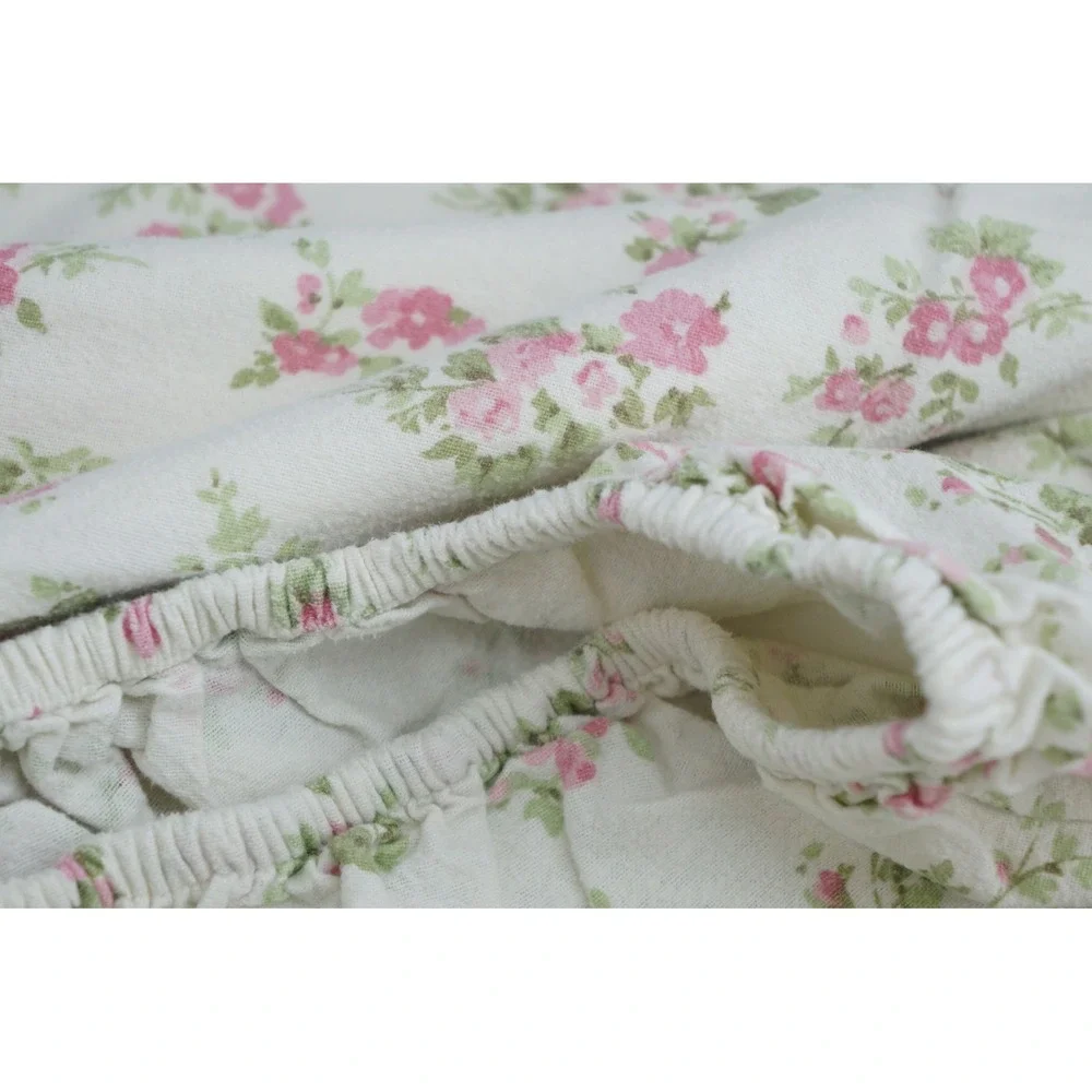 Laura Ashley Rowena Flannel Sheet Set Queen White Pink Floral Cotton Excellent